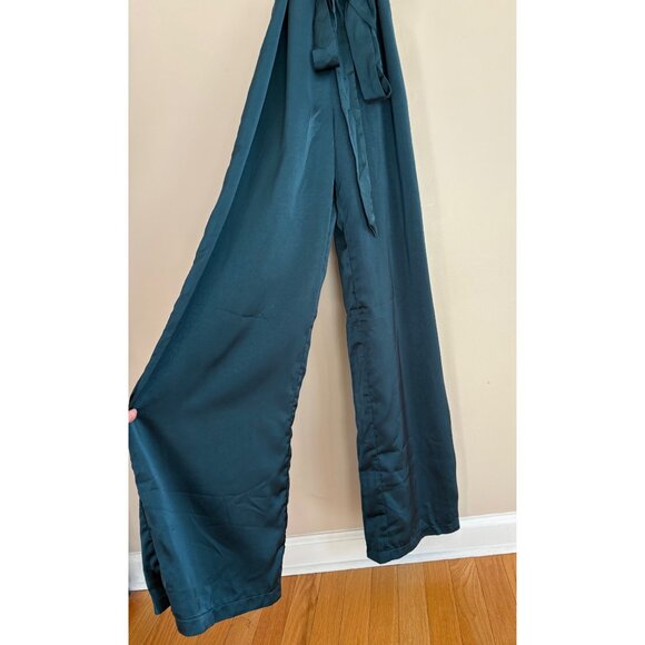 Lulus Luxe Vision Satin Halter Wide-Leg Jumpsuit Dark Teal Women’s Medium NWT - Picture 4 of 12